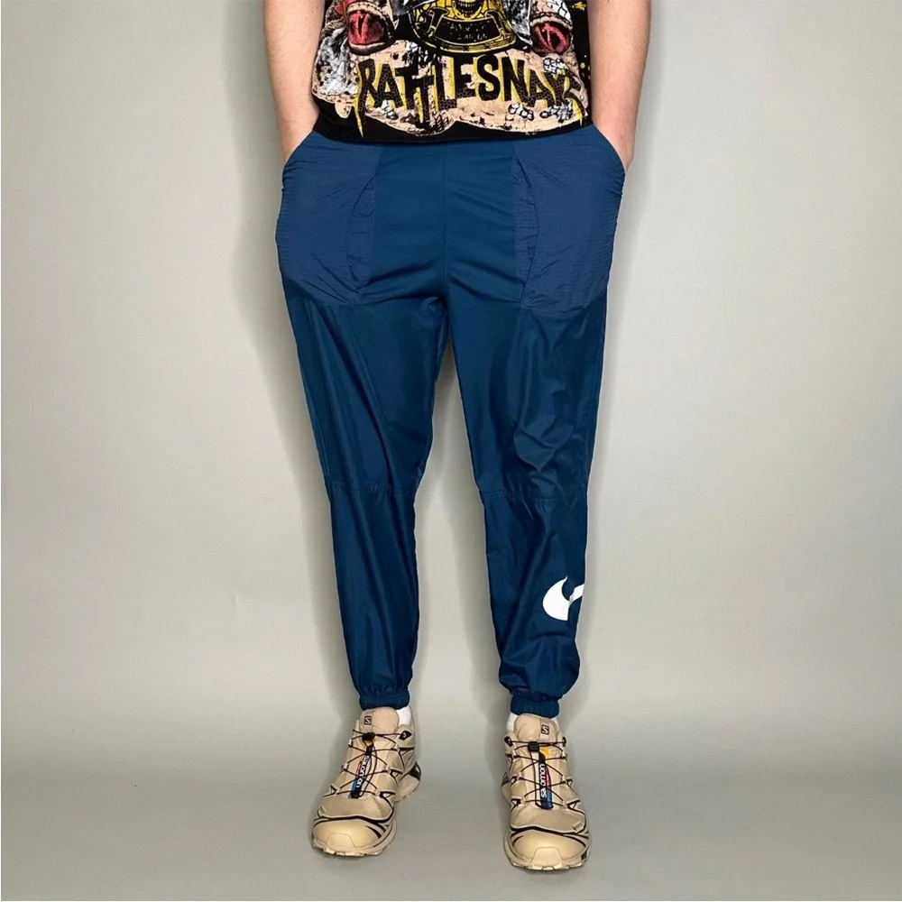 Nike Track Pants Teal Blue Polyester Joggers White Swoosh Elastic Cuffs